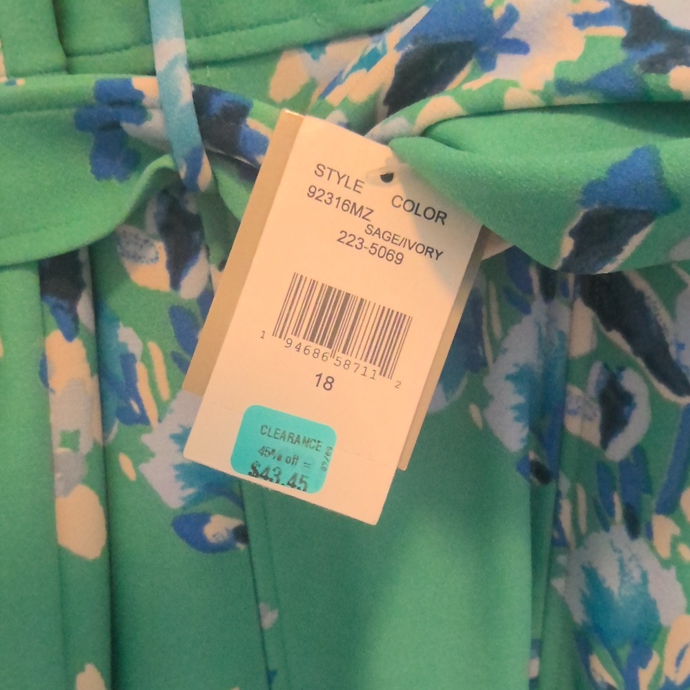 NWT Danny & Nicole Green & Blue Floral Collared V-Neck Belted Dress 18 - Picture 11 of 14